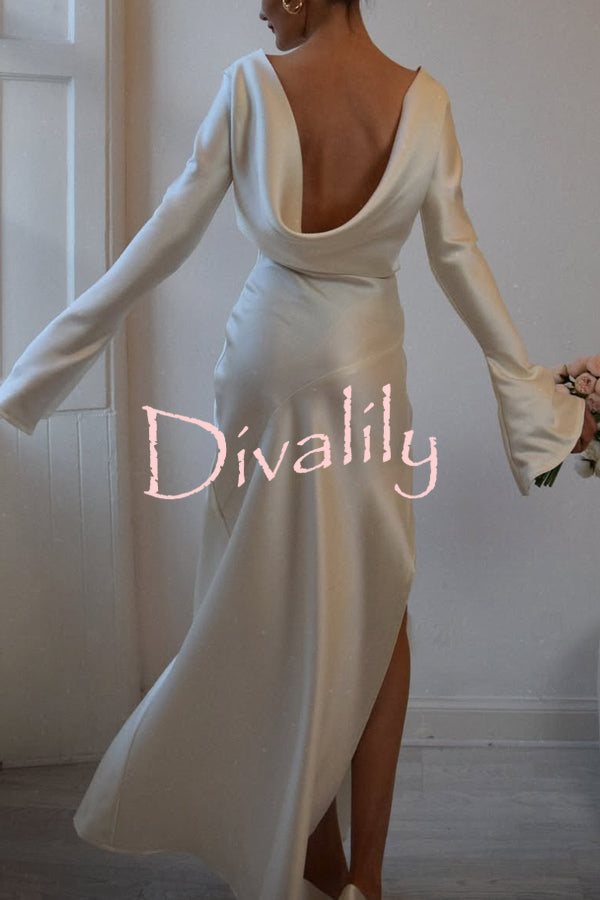 Satin Elegant Long-sleeved Open-back Slim-fit Slit Maxi Dress