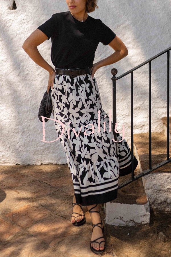 Resort Style Botanical Print Elastic Waist Loose Stitching Midi Skirt