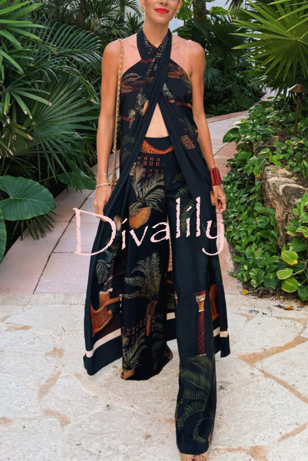 Jungle Elf Unique Print Halter Slit Midi Tank and Elastic Waist Wide Pants Set