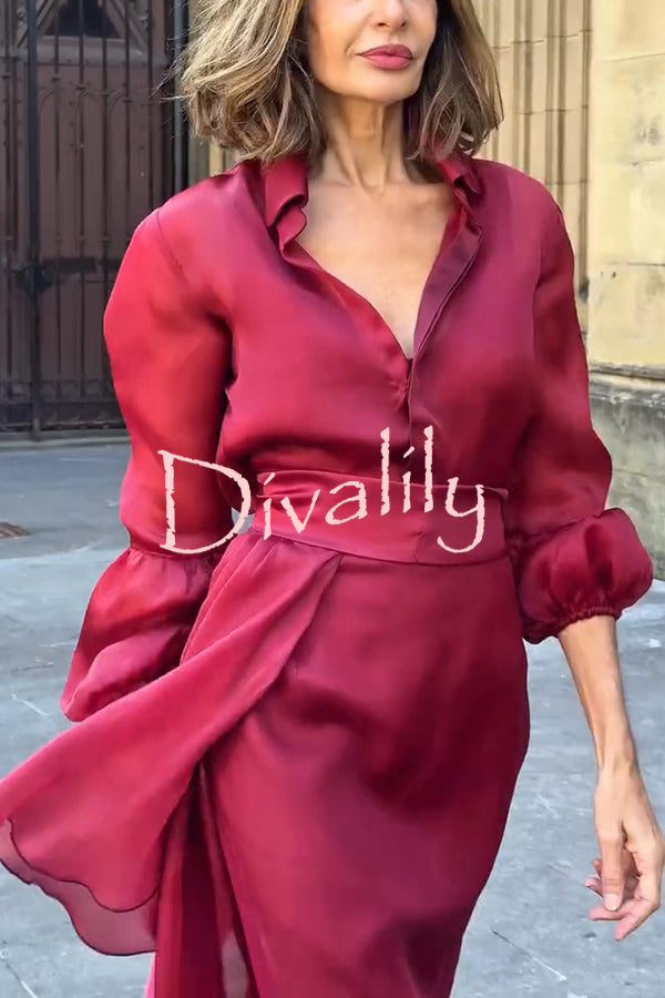 Lily Chiffon Bow Detail Puff Sleeve Blouse and Elegant Layered Maxi Skirt Set