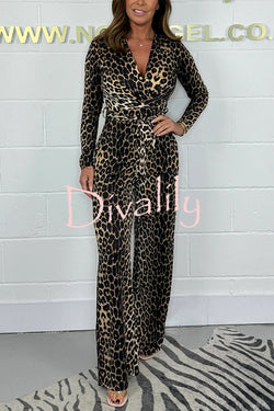 Fashion Leopard Print V-Neck Long Sleeve Lace-Up Casual Jumpsuit