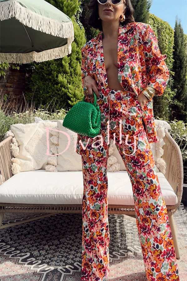 Full of Energy Flower Print Lapel Blazer and Elastic Waist Pocket Pleated Side Hem Pants Set