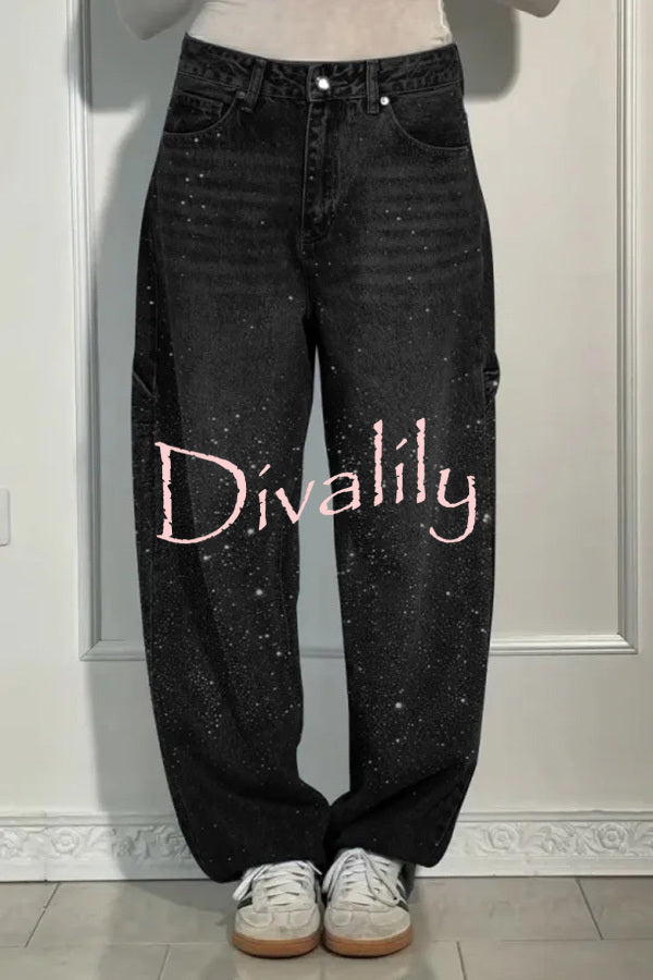 Fashionable Rhinestone Mid-rise Loose Pocket Straight Jeans