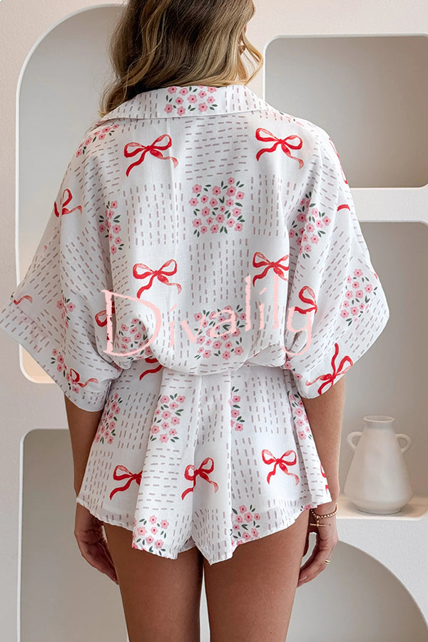 Sweet Bow Print Lapel Half Sleeve Tie Waist Loose Rompers