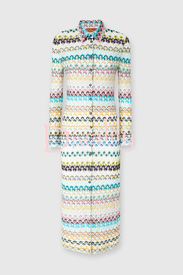 Anna Knit Colorful Herringbone Print Shirt Neck Button Long Sleeve Slim-fit Long Cardigan