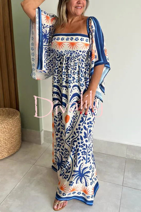 Resort Style Ethnic Print Square Neck Bell Sleeve Loose Maxi Dress