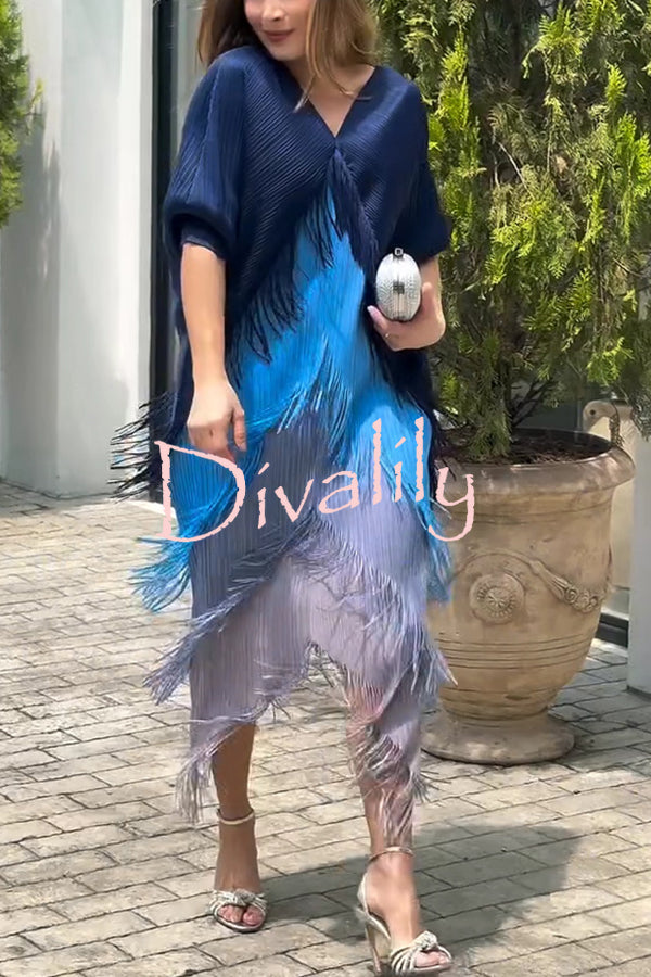 Fashionable Color-blocked Multi-layered Tassel Loose Midi Dress