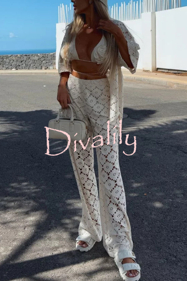 Holiday Crochet Flowers Lace Short Sleeve Shirt and Elastic Waist Wide Leg Pants Set