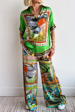 Unique Printed Lapel Short-sleeved Loose Shirt and Elastic Waist Tie Wide-leg Pants Set