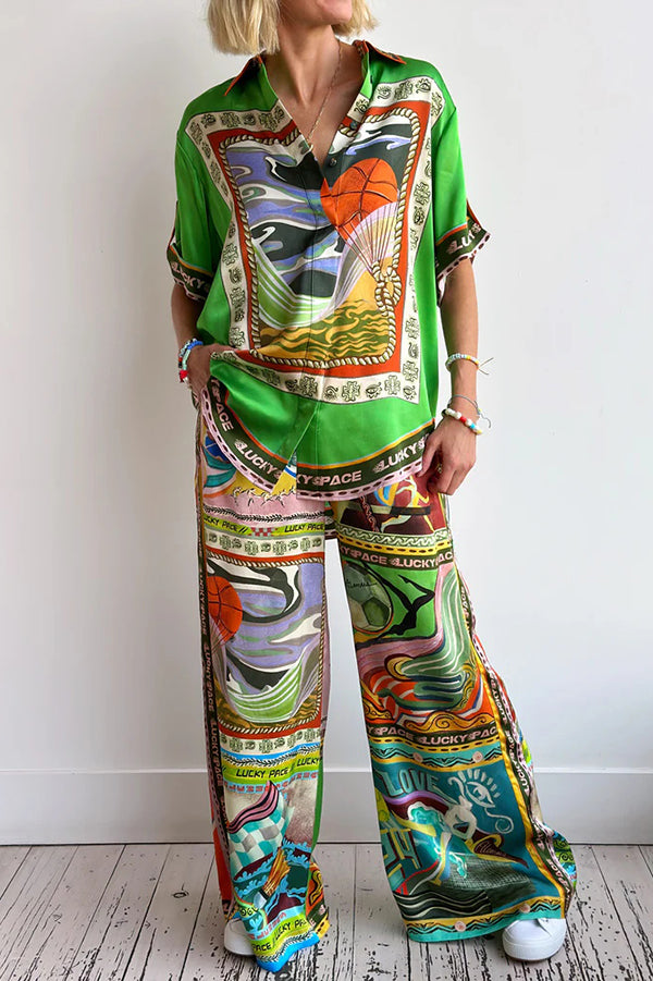 Unique Printed Lapel Short-sleeved Loose Shirt and Elastic Waist Tie Wide-leg Pants Set