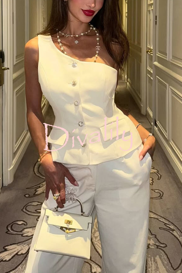 Fashion One-shoulder Slim-fit Button Vest and Casual Pocket Straight-leg Suit Pants Set