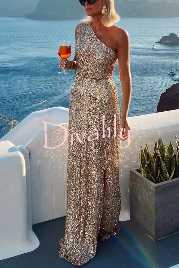 Santorini Night Sequin Fabric One Shoulder Slit Maxi Dress