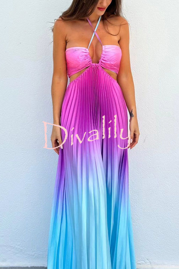 Get Ready Beautiful Gradient Print Cutout Halterneck Pleated Maxi Dress