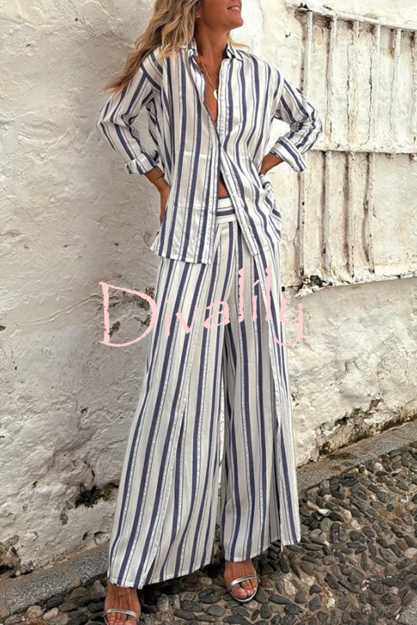 Gian Striped Print Loose Shirt and Back Elastic Waist Slit Pants Set