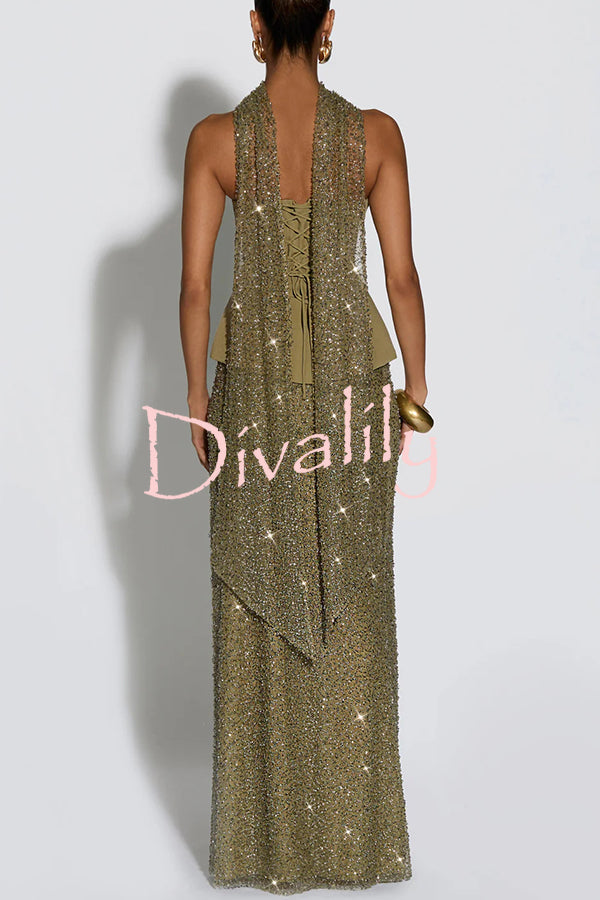 Oakley Corset Strapless Top and Sequin High Rise Maxi Skirt Scarf Set