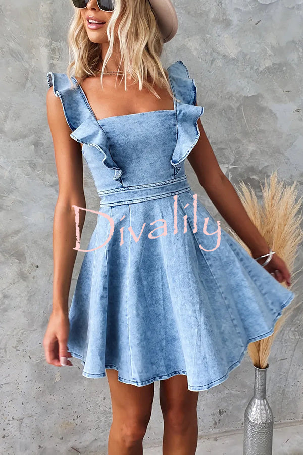 Sweet Secret Denim Square Neck Ruffle Sleeve Stretch Mini Dress