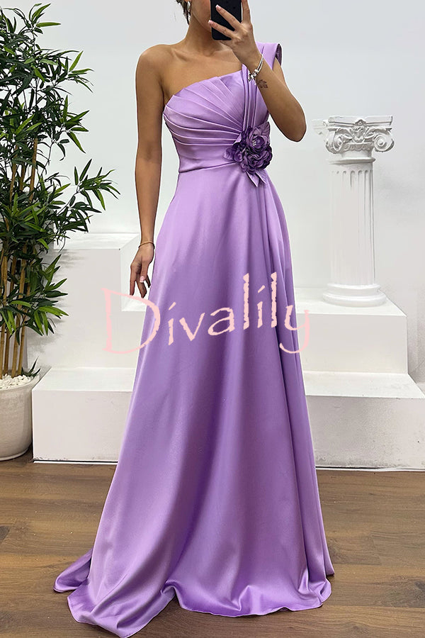 Nasha Satin Pleated One Shoulder Petal Gemstone Detail Pocket Slit Maxi Dress