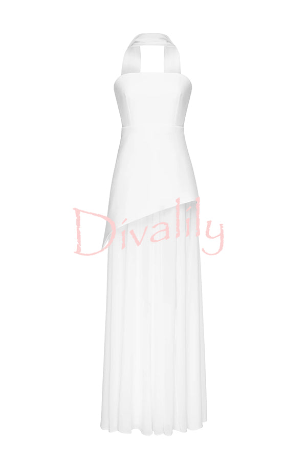 Monaco Off Shoulder Structured Top Chiffon Slit Hem Scarf Maxi Dress
