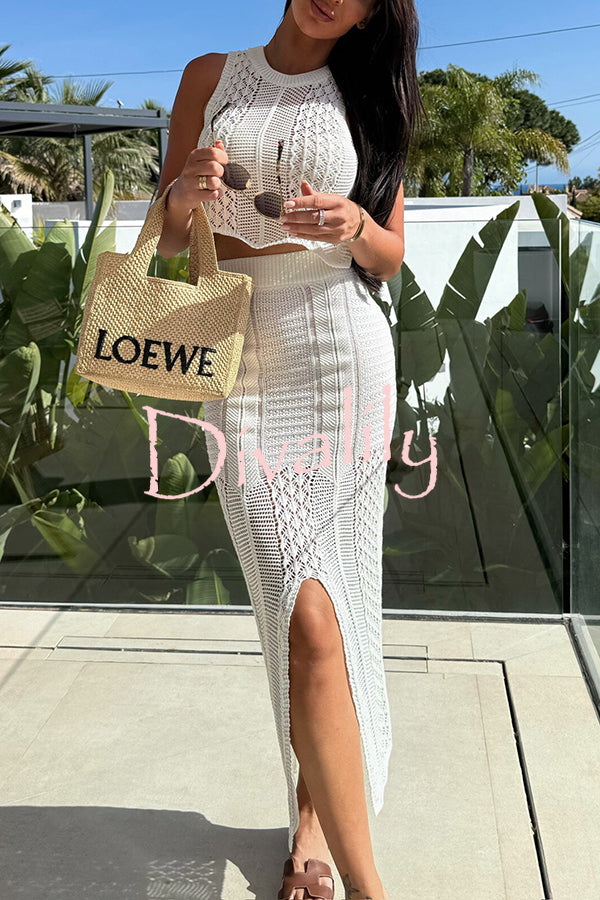 Solid Color Sleeveless Hollow Knit Crop Top and Elastic Slit Slim Midi Skirt Set