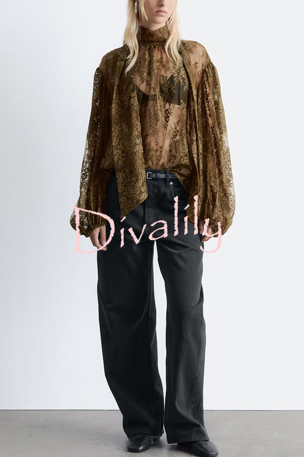 Reigna Semi-sheer Floral Lace Bow Neck Balloon Sleeve Loose Blouse