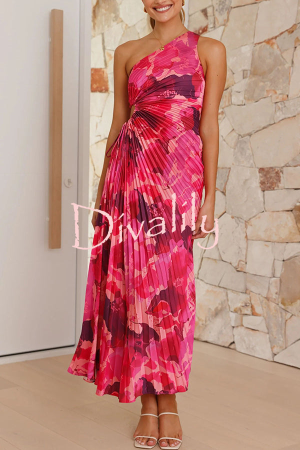 Laken Floral Print One Shoulder Adjustable Tie Cutout Pleated Maxi Dress