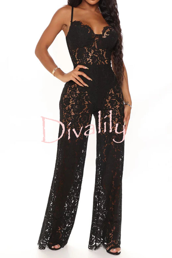 Sexy Moment Floral Lace Lined Suspender Wide Leg Stretch Jumpsuit