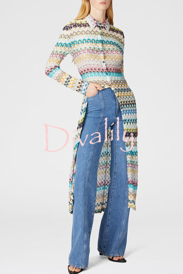 Anna Knit Colorful Herringbone Print Shirt Neck Button Long Sleeve Slim-fit Long Cardigan