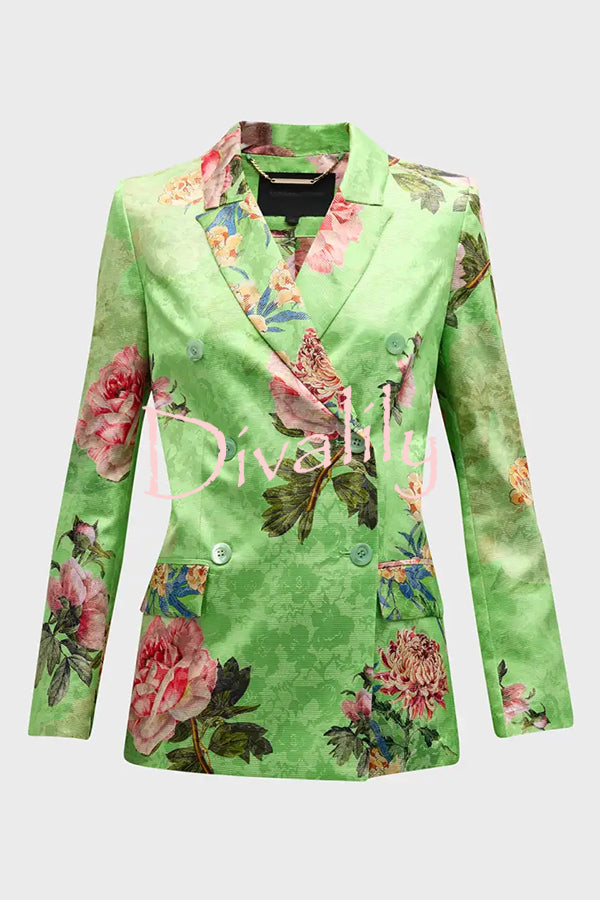 Wild and Free Flowers Printed Button Up Long Sleeve Lapel Blazer