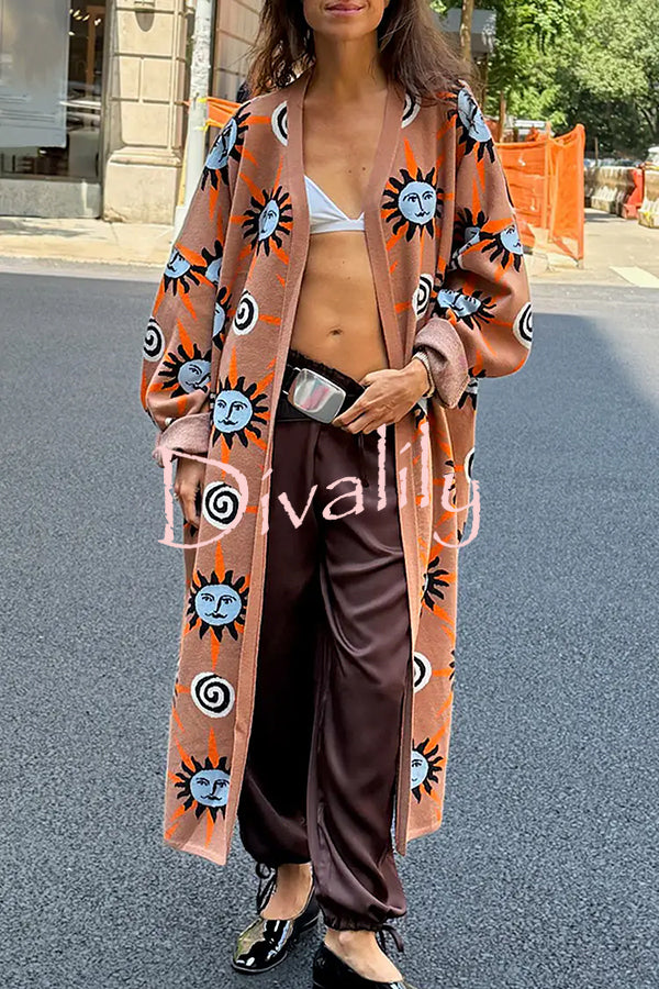 Mediterranean Art Knit Unique Sun Vortex Print Bell Sleeve Long Cardigan