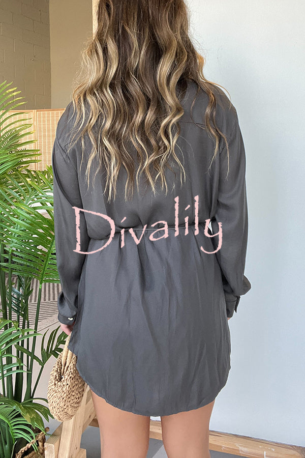 Solid Color Long Sleeve Button Casual Shirt-Style Rompers