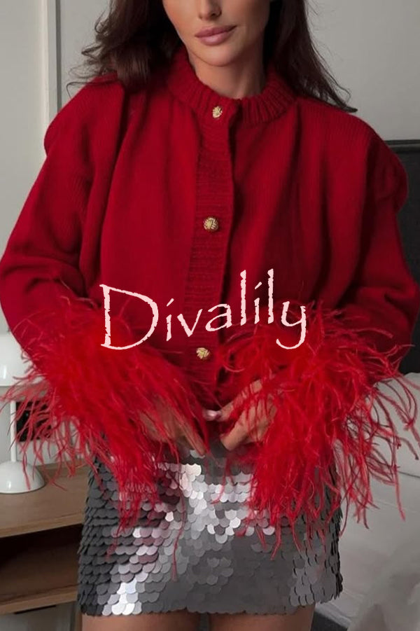 Solid Color Elegant Feather Long Sleeve Casual Knitted Cardigan