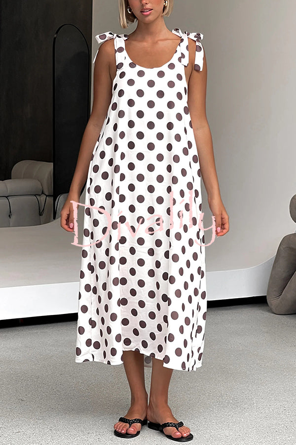 Polka Dot Print Suspenders Strappy Backless Loose Pocket Midi Dress