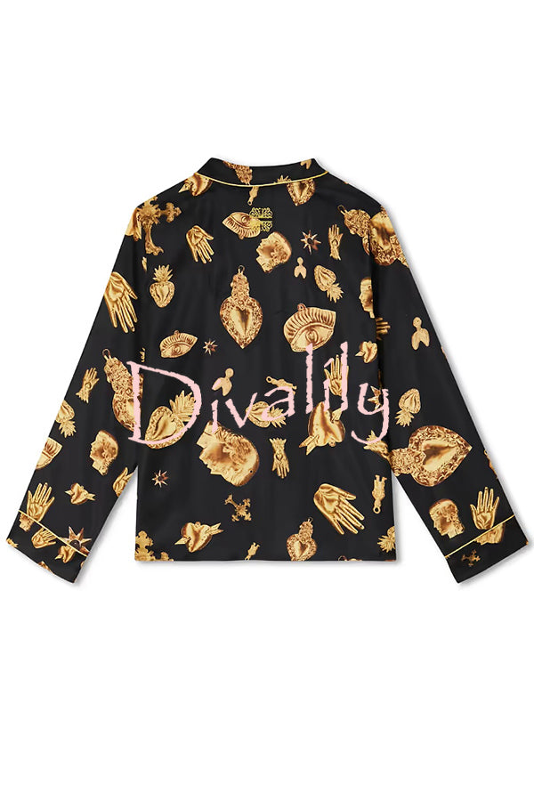 Golden Night Unique Print Color-block Trim Loose Shirt and Elastic Waist Pocketed Pajama Set