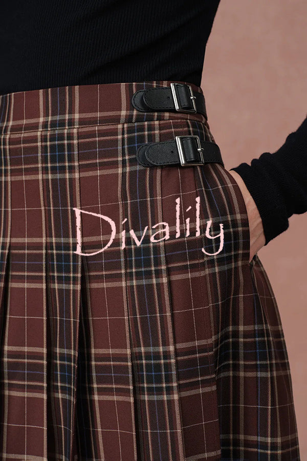 Yehudit Plaid Belt Buckle Design High Rise Pocket Midi Umbrella Skirt
