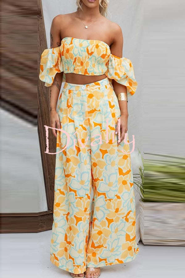 Quinci Floral Puff Sleeve Smocked Top and Elastic Waist Pocketed Loose Pants Set