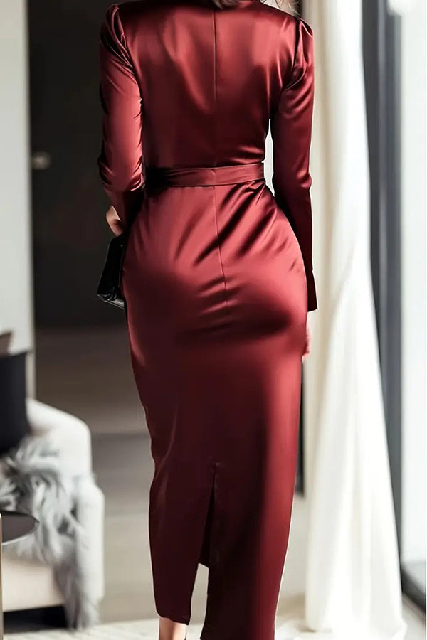 Solid Color Satin V-neck Long Sleeve Waist Slim Midi Dress