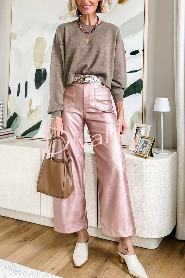 Colette Metallic Faux Leather Pocket Cropped Wide Leg Stretch Pants