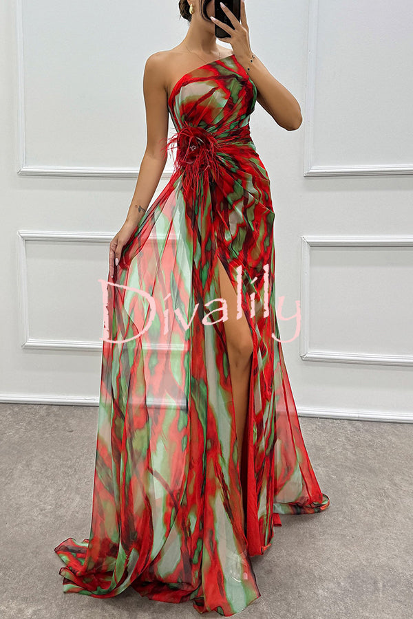 Amazing Views Watercolor Print Feather Rose Detail Off Shoulder Pleated Slit Maxi Dress