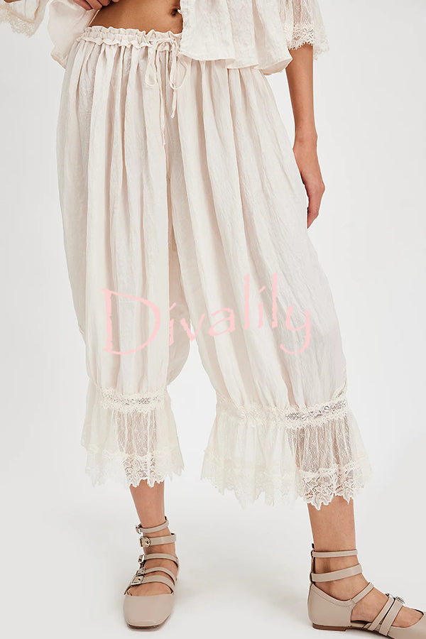 Pastoral Style Elastic Waist Lace Hem Bloomer Pants