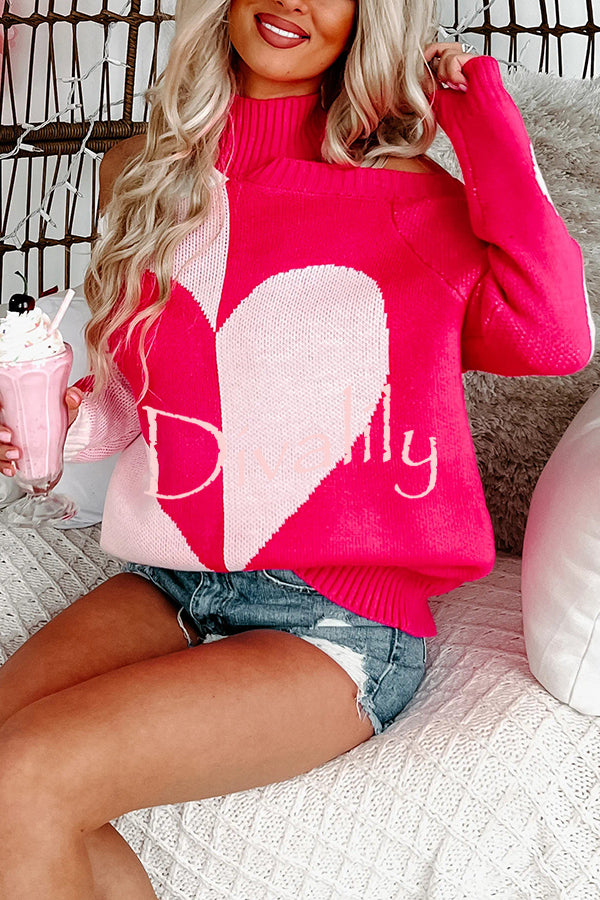 Fashionable Contrasting Heart-shaped Off-shoulder Long-sleeved Loose Sweater