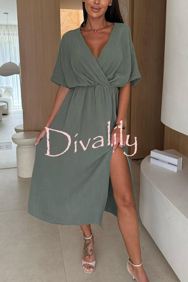 Linen Blend Solid Color V-neck Short Sleeve Waist Loose Slit Midi Dress