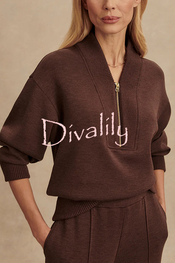 Meet The Autumn Ribbed Zipper Neck Sweatshirt and Elastic Waist Pocketed Loose Pants Set