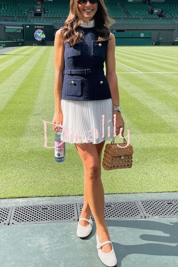 Sporty Elegance Tweed Metal Button Belted Pleated Hem Mini Dress