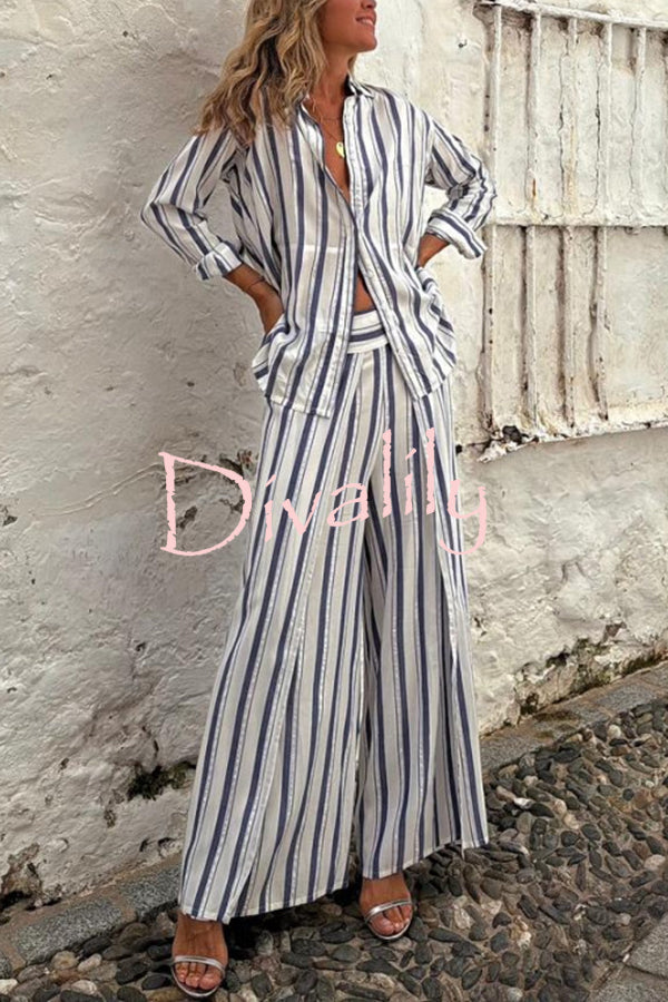 Gian Striped Print Loose Shirt and Back Elastic Waist Slit Pants Set