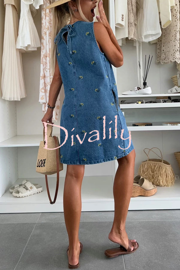 Floral Print Round Neck Sleeveless Loose Denim Mini Dress