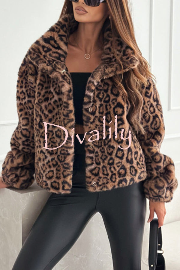 Stylish Leopard Print Lapel Long Sleeve Short Coat