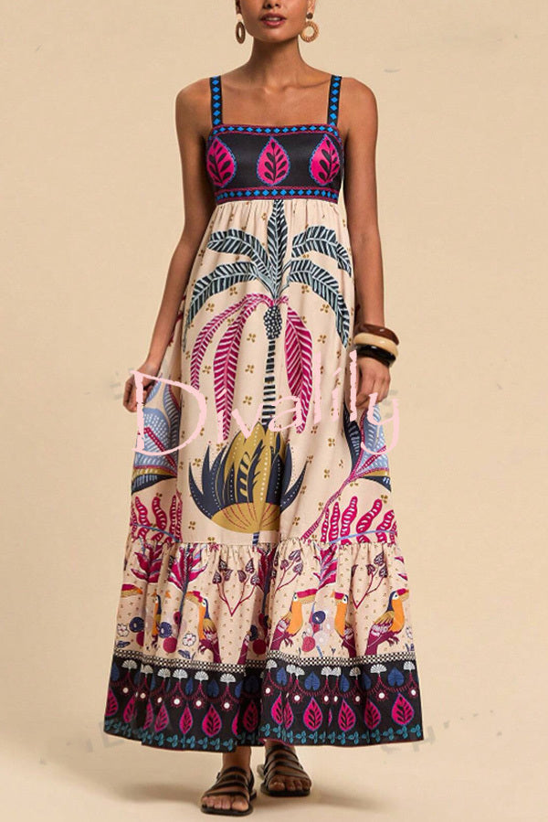 Bohemian Tropical Print Backless Casual Resort Maxi Dress