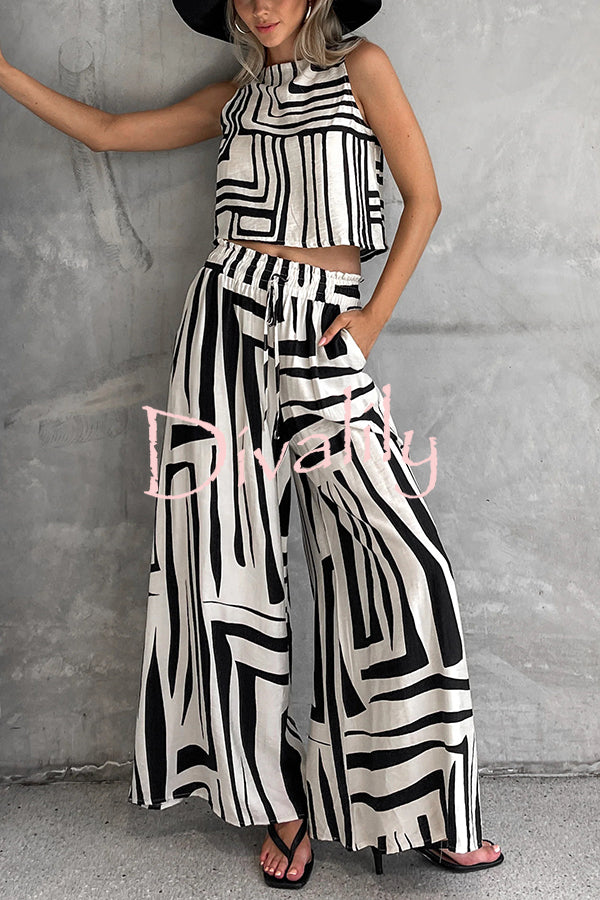 Striped Printed Sleeveless Casual Top and Elastic Waist Loose Pocket Wide-leg Pants Set