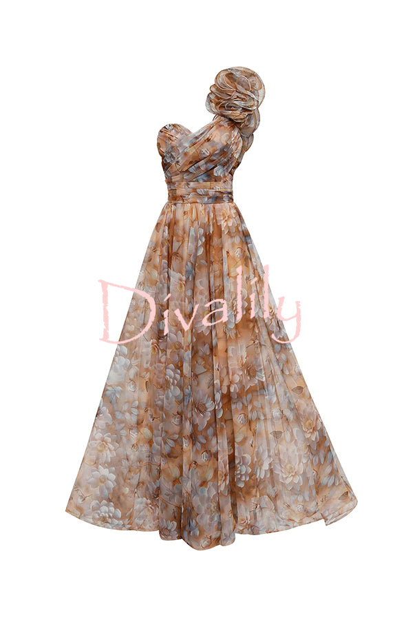 Romantic Ball Chiffon Floral One-shoulder Pleated Design Back Lace-up Gown Maxi Dress