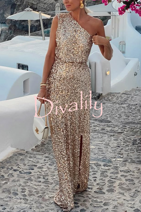 Santorini Night Sequin Fabric One Shoulder Slit Maxi Dress